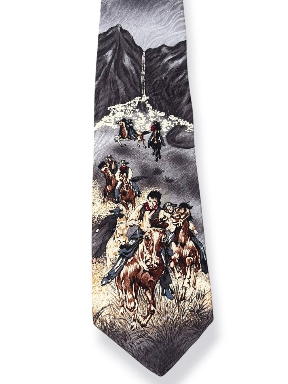 Vintage Frontier Necktie Silk Western Cowboy Horse Scenic Novelty Tie Rodeo